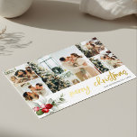Merry Christmas Script Berry Leaves Photo Collage Foil Holiday Card<br><div class="desc">Embrace the festive spirit with our luxurious personalized Christmas card, designed to capture the warmth and joy of the season. The card takes centre stage with a delightful arrangement of five square-sized photos, each telling a unique story of your family's cherished moments. As your eyes drift below, a delicate watercolor...</div>