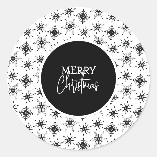 Merry Christmas Script Black Snowflakes   Classic Round Sticker (Front)