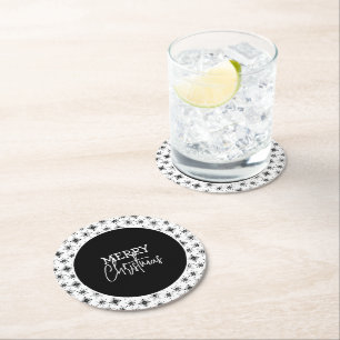 Merry Christmas Script Black Snowflakes  Round Paper Coaster