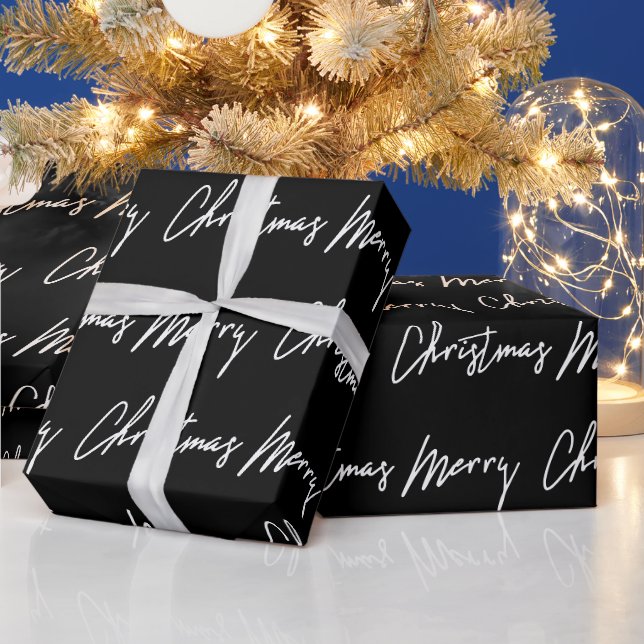 Merry Christmas Script Black White Seasonal Winter Wrapping Paper (Holidays)