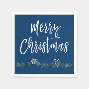 Merry Christmas Script Blue Christmas Napkin