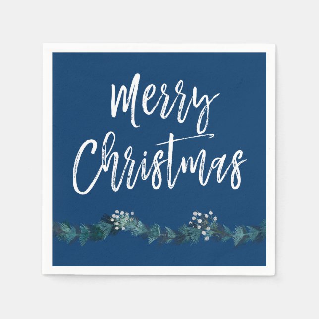 Merry Christmas Script Blue Christmas Napkin (Front)