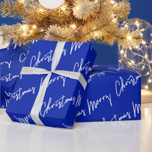 Merry Christmas Script Blue Navy White Winter  Wrapping Paper (Holidays)