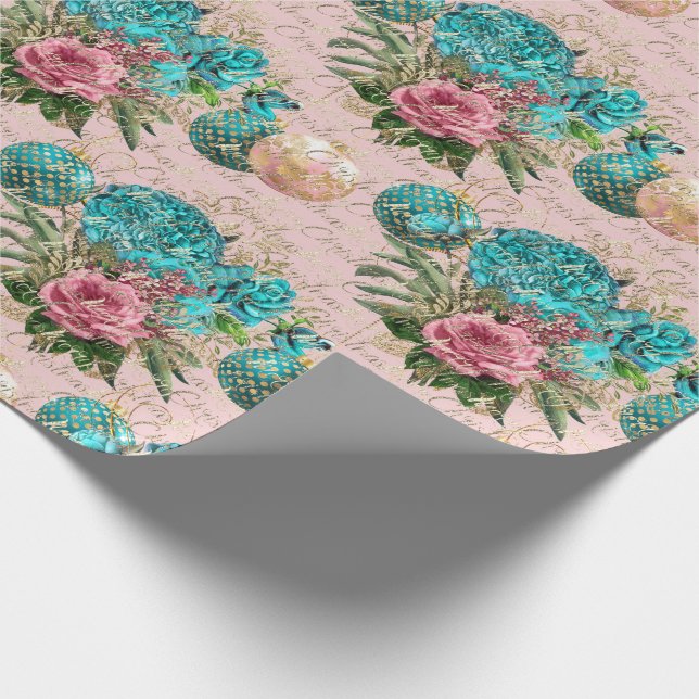 Merry Christmas Script Blue Ocean Gold Pink Roses Wrapping Paper (Corner)