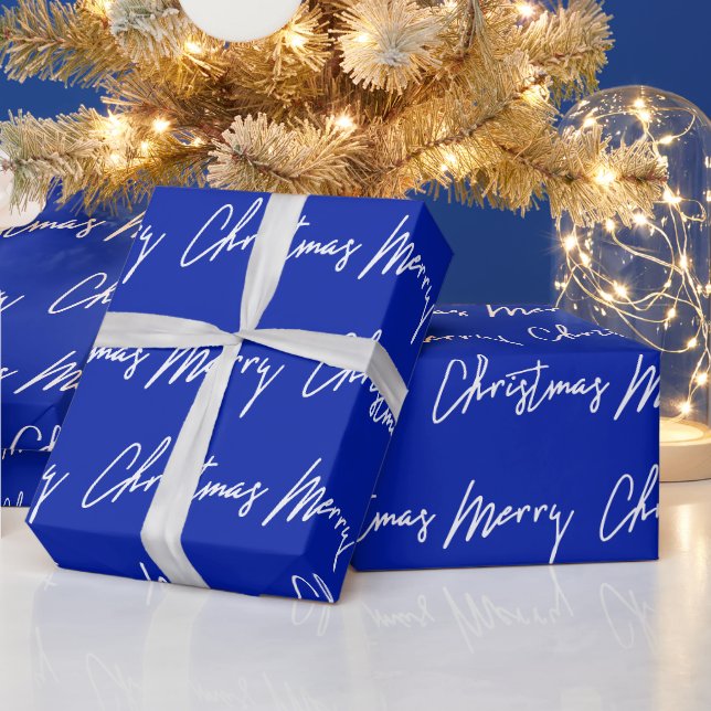 Merry Christmas Script Blue White Seasonal Winter Wrapping Paper (Holidays)