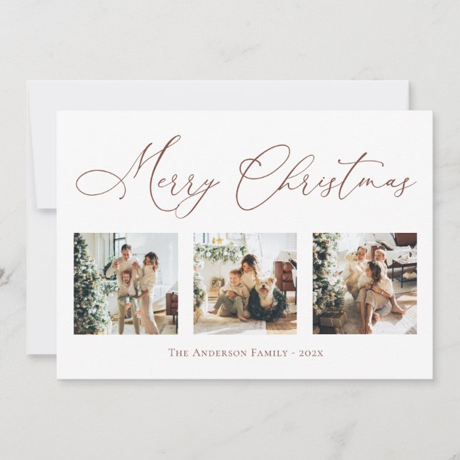 Merry Christmas Script Brown Multi Photo Collage Holiday Card (Front)