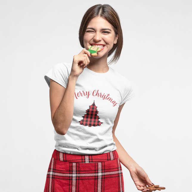 Merry Christmas Script Buffalo Check  T-Shirt (Merry Christmas Buffalo Check Pattern T Shirt. )