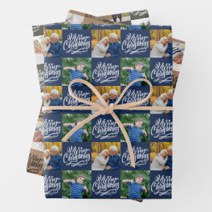 Merry Christmas Script Chequerboard 6 Photo Set Wrapping Paper Sheet