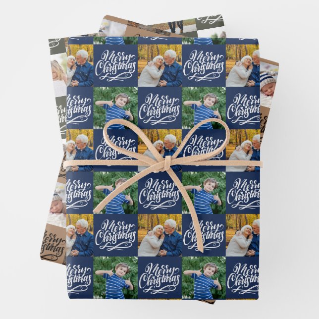 Merry Christmas Script Chequerboard 6 Photo Set Wrapping Paper Sheet (In situ)