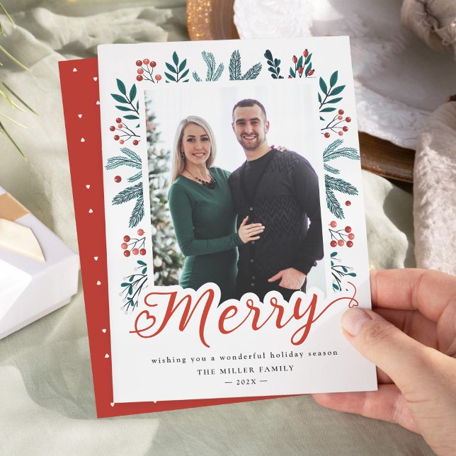 Merry Christmas Script Chic Holly and Pine Photo Holiday Card (Creator Uploaded)