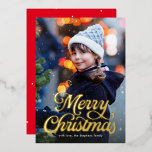 Merry Christmas script classic photo Foil Holiday Card<br><div class="desc">Say Merry Christmas in style with this classic holiday photo card. Featuring a unique flourish script in foil on the front, this holiday card has room for a large vertical photo on the front and three more photos on the back. The dotted red back also includes a place for custom...</div>