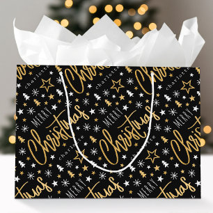 Merry Christmas Script Custom Name Black Faux Gold Large Gift Bag