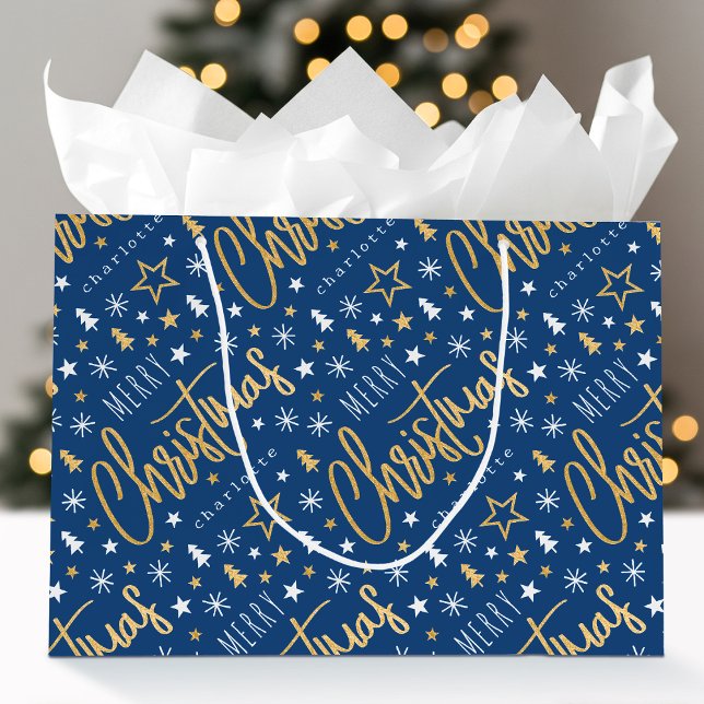 Merry Christmas Script Custom Name Blue Faux Gold Large Gift Bag (Creator Uploaded)