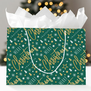 Merry Christmas Script Custom Name Green Faux Gold Large Gift Bag