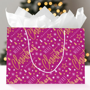 Merry Christmas Script Custom Name Pink Faux Gold Large Gift Bag