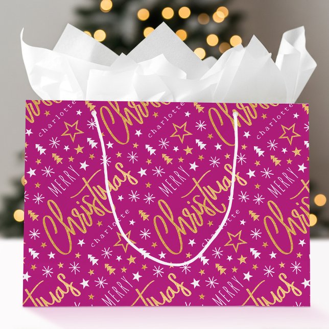 Merry Christmas Script Custom Name Pink Faux Gold Large Gift Bag (Creator Uploaded)