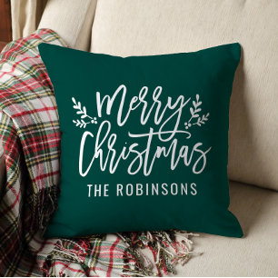 Merry Christmas Script Family Name Emerald Throw Pillow