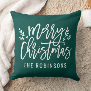 Merry Christmas Script Family Name Emerald Throw Pillow