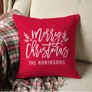 Merry Christmas Script Family Name Red Throw Pillow