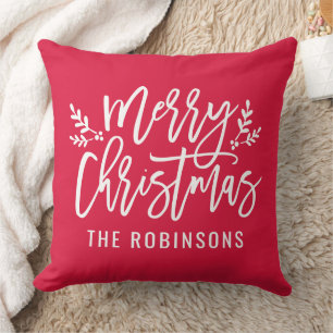 Merry Christmas Script Family Name Red Throw Pillow