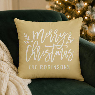 Merry Christmas Script Family Name Tan Gold Throw Pillow