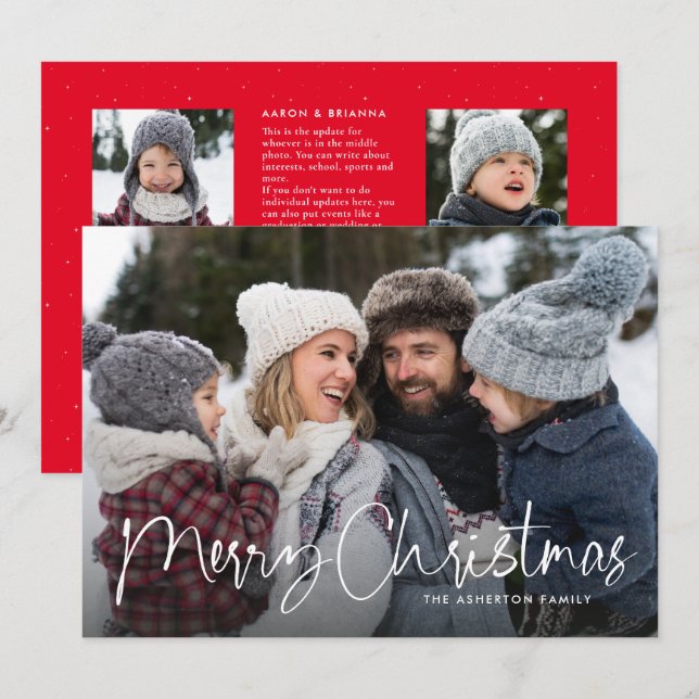 Merry Christmas script family newsletter red Holiday Card (Front/Back)