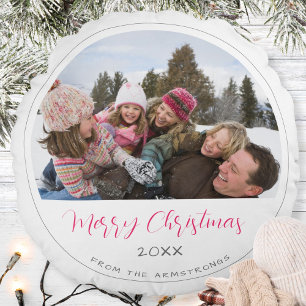 Merry Christmas Script Family Photo Keepsake Round Pillow