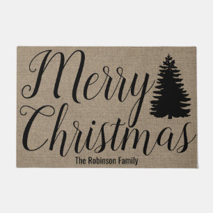 Merry Christmas Script & Faux Burlap Family Name Doormat