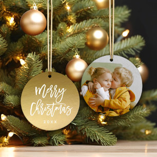 Merry Christmas Script Faux Gold Foil Photo Ceramic Ornament