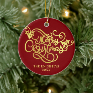 Merry Christmas Script Faux Gold Your Colour Ceramic Ornament