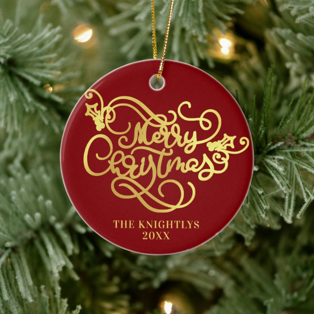 Merry Christmas Script Faux Gold Your Colour Ceramic Ornament (Tree)