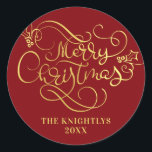 Merry Christmas Script Faux Gold Your Colour Classic Round Sticker<br><div class="desc">Elegant personalized Christmas sticker with a MERRY CHRISTMAS greeting in an elegant and modern calligraphy script typography in faux metallic gold against your choice of background colour (shown in red). ASSISTANCE: For help with design modification or personalization, colour change, transferring the design to another product or if you would like...</div>