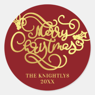 Merry Christmas Script Faux Gold Your Colour Classic Round Sticker