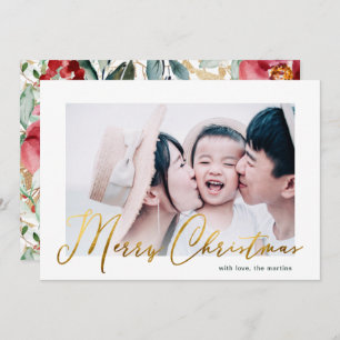 Merry Christmas Script Floral Print Photo Card
