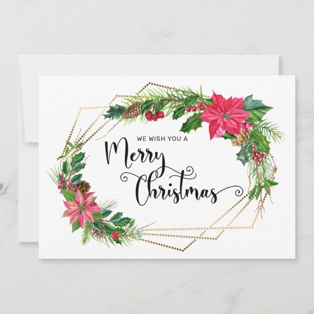 Merry Christmas Script Floral w/Gold Beaded Frame (Front)