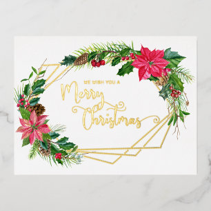 Merry Christmas Script Floral w/Gold Beaded Frame Foil Holiday Postcard