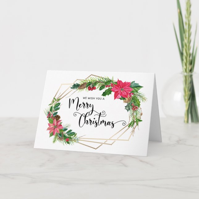 Merry Christmas Script Floral w/Gold Beaded Frame Holiday Card (Front)