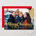 Merry Christmas script four photo Foil Holiday Card<br><div class="desc">Say Merry Christmas in style with this classic holiday photo card. Featuring a unique flourish script in gold on the front, this holiday card has room for a large family photo on the front and three photos on the back. The dotted red back also includes a place for custom text...</div>