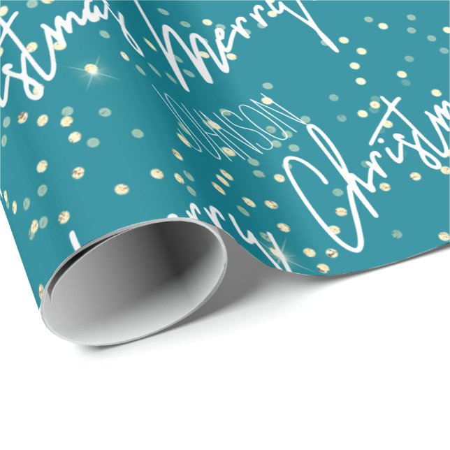 Merry Christmas Script From Name Teal Gold Wrapping Paper (Roll Corner)