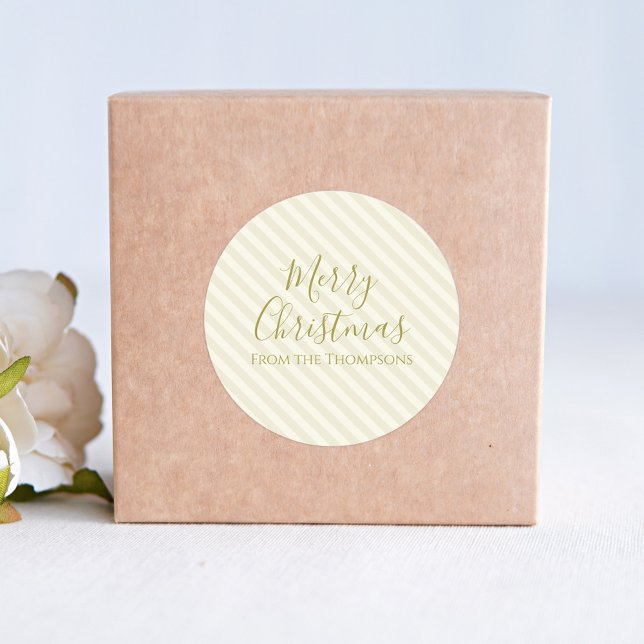 Merry Christmas Script Gold Striped Gift  Classic Round Sticker (Merry Christmas gold calligraphy script custom round sticker. )