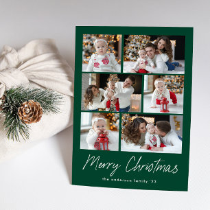 Merry Christmas Script Green 6 Photo Collage Holiday Card