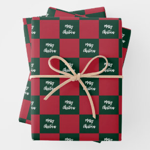 Merry Christmas Script Green and Red Chequerboard Wrapping Paper Sheet