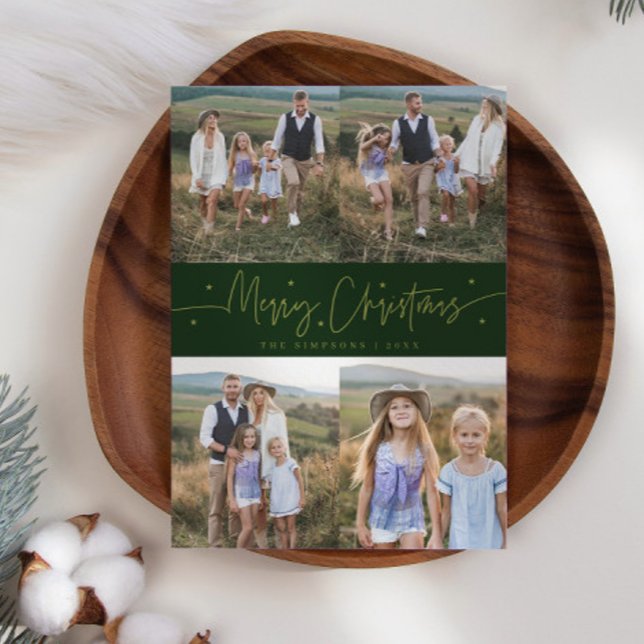 Merry Christmas Script Green Multi Photo Holiday Card (Creator Uploaded)