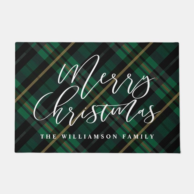 Merry Christmas Script Green Plaid Family Name Doormat (Front)
