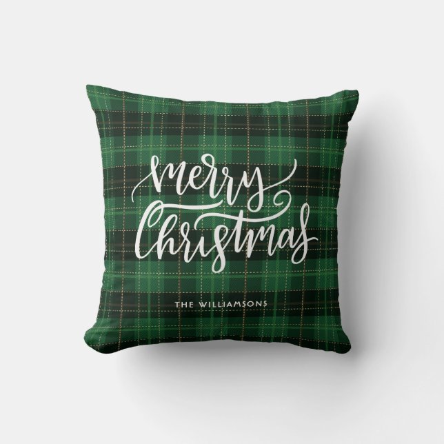 Merry Christmas Script Green Plaid Holiday Throw Pillow (Front)