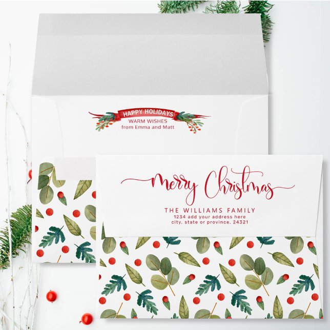 Merry Christmas Script Greenery and Holly, Holiday Envelope (Creator Uploaded)
