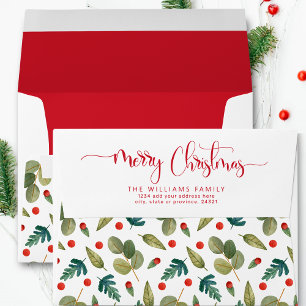 Merry Christmas Script Greenery and Red, Holiday Envelope