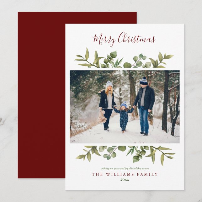 Merry Christmas Script Greenery Foliage Photo Holiday Card (Front/Back)