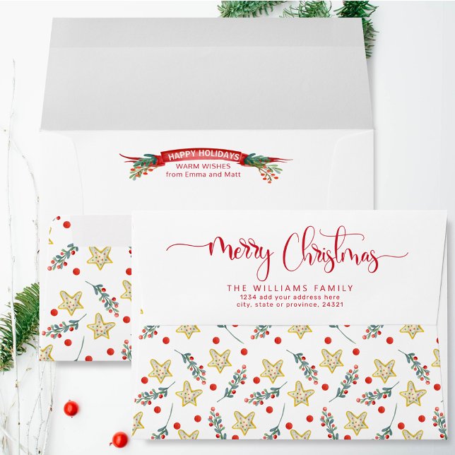 Merry Christmas Script,  Greenery, Holly and Stars Envelope (Creator Uploaded)