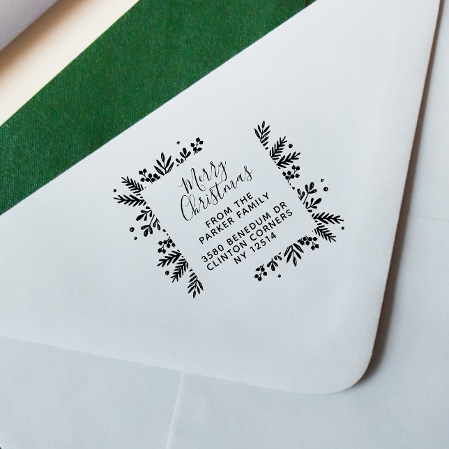 Merry Christmas Script & Greenery Return Address Rubber Stamp (Rubber Stamp Mock-up)
